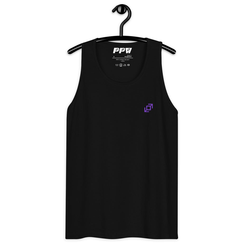 Product mockup of pushp pass whip tank on a black hanger. Tank top has the whip embroidery on the left chest