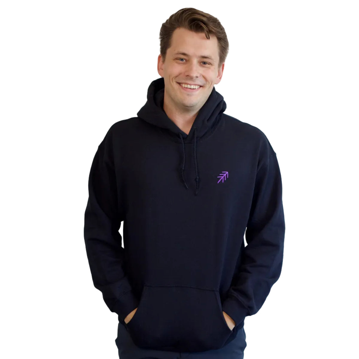 A man wearing a black hoodie with a small purple pass logo embroidered on the left chest, set against a plain white background.