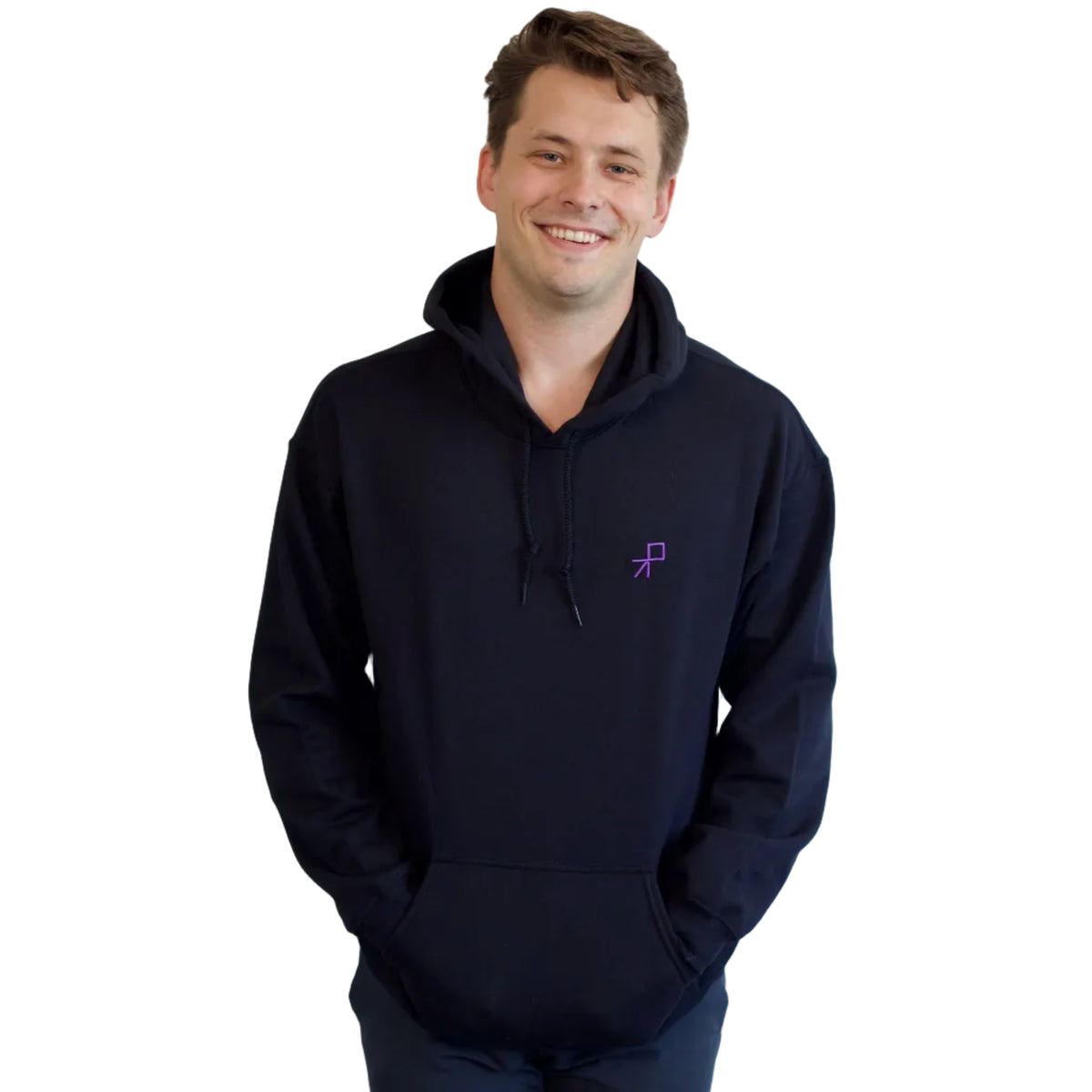 A smiling dancer wearing a black hoodie with a small purple stylized push logo on the left chest, set against a plain white background.