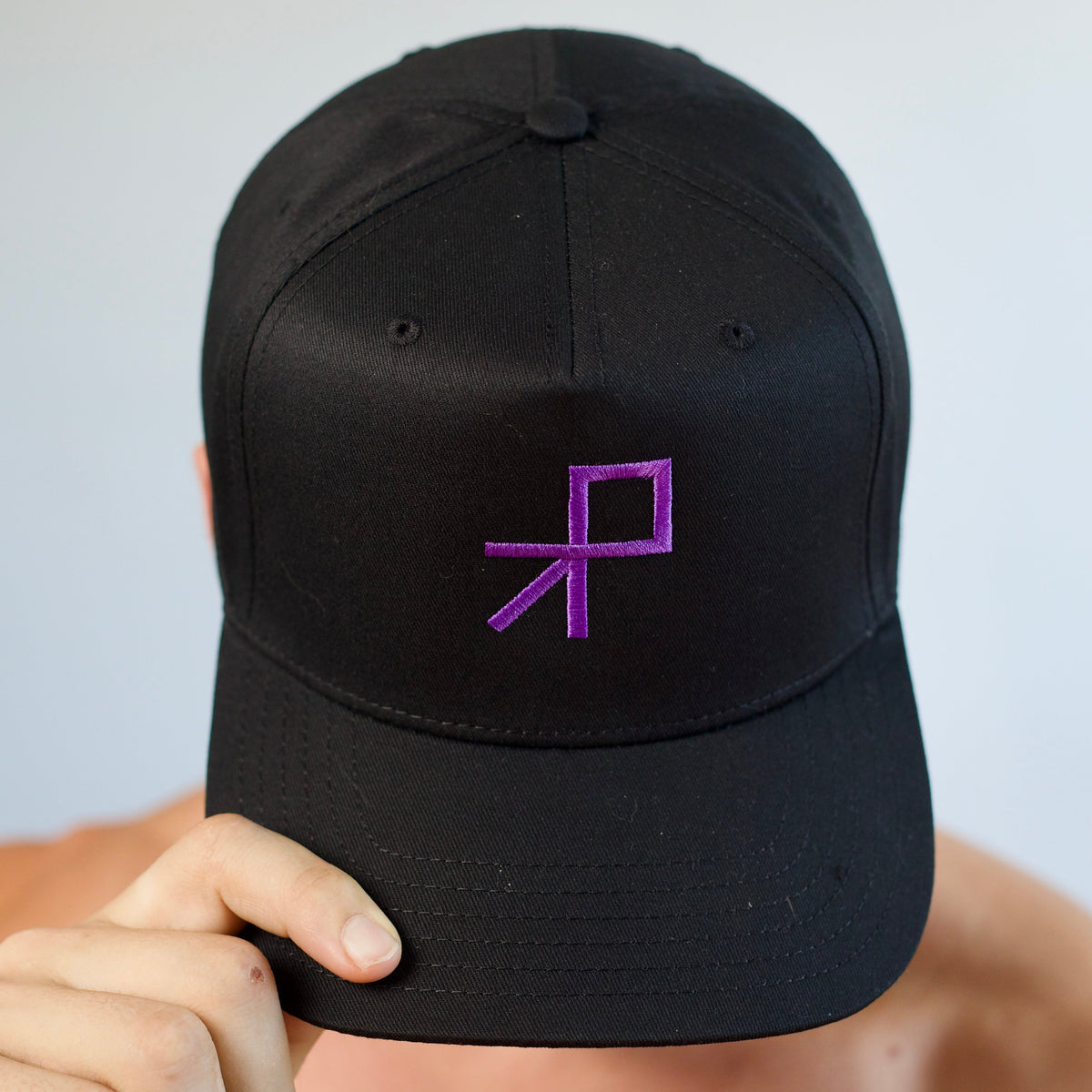 A black baseball cap with a purple embroidered Push logo on the front, held by a hand against a light gray background.