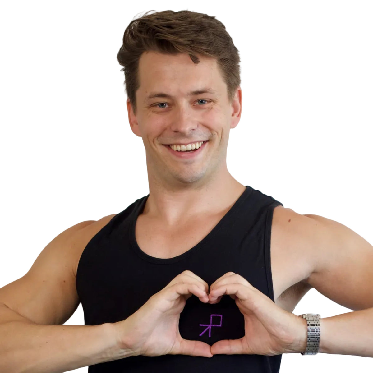 A smiling dancer in a black tank top forms a heart shape with his hands, with a small purple embroidered push symbol visible on the left chest of the tank top.