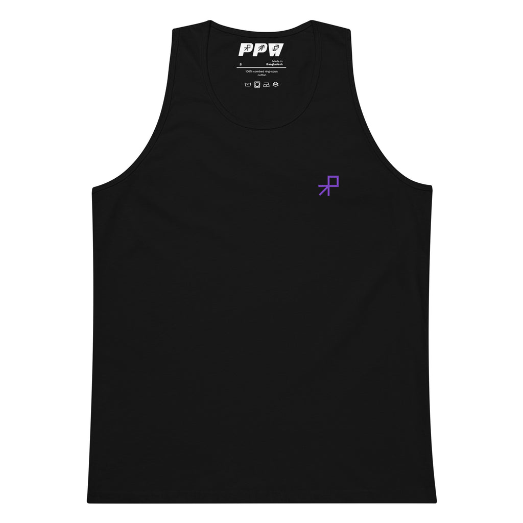 A black tank top lying on a white background. There is a small purple embroidered push logo on the upper left chest. 