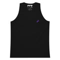 A black tank top lying on a white background. There is a small purple embroidered push logo on the upper left chest. 