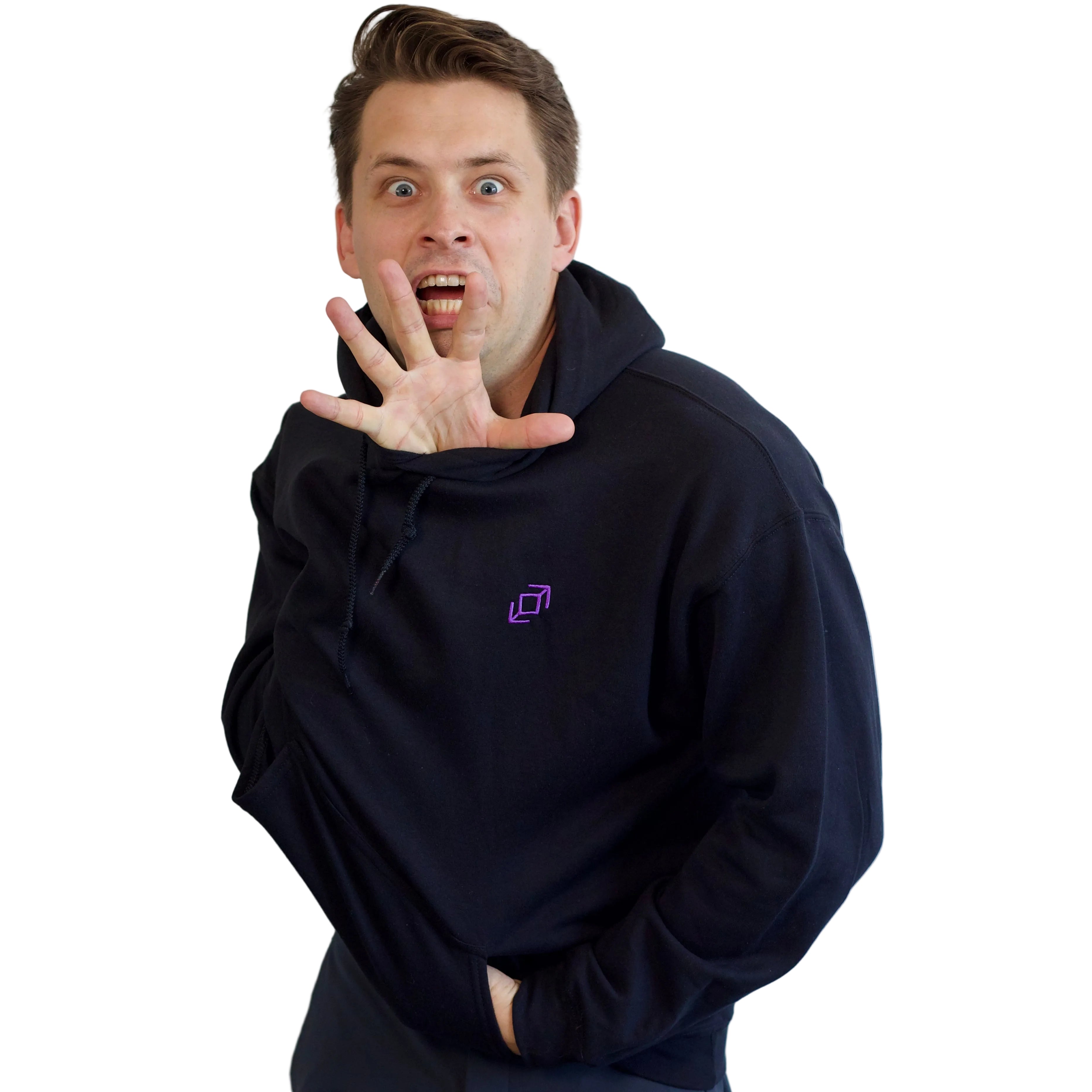 A dancer wearing a black Push Pass Whip pullover hoodie with a small purple geometric whip logo on the left chest, posing with his hand near his face against a plain white background.