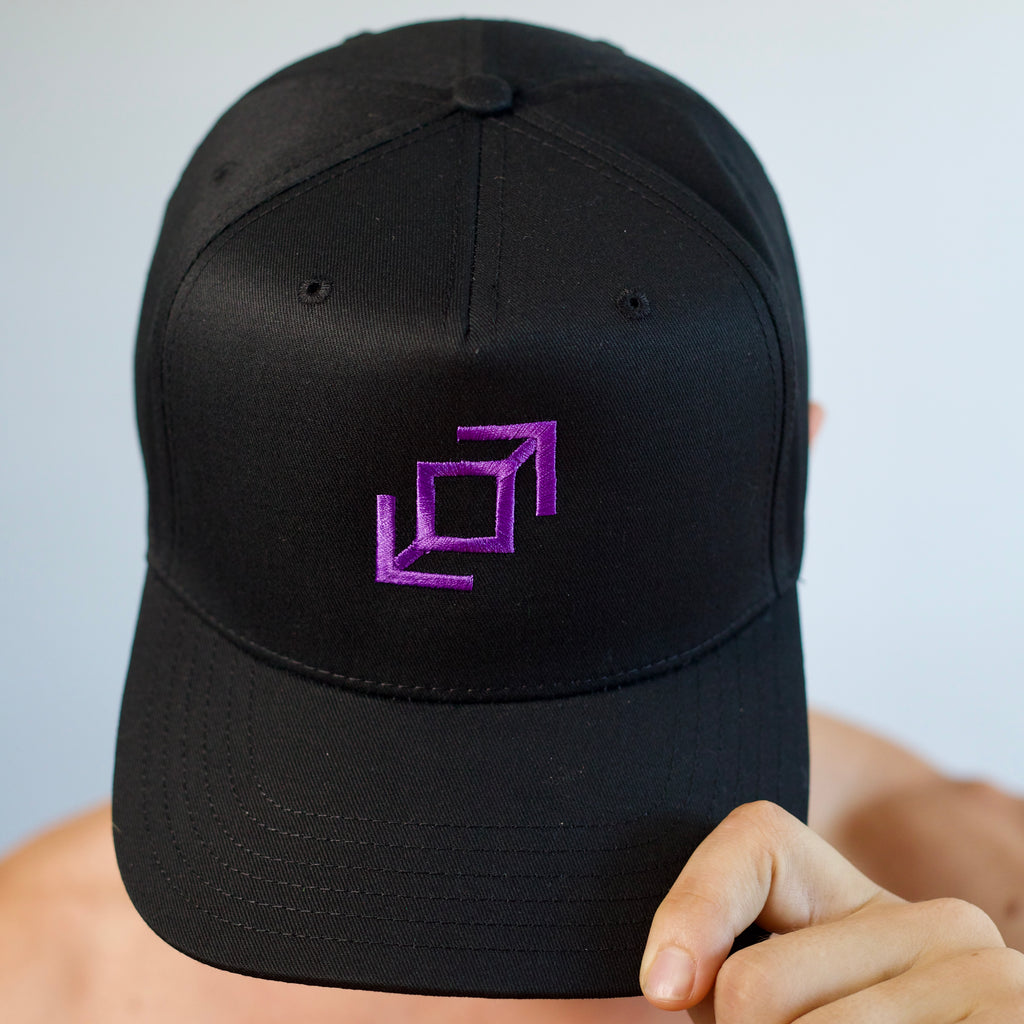 A black push pass whip baseball cap with a purple geometric whip logo embroidered on the front, held by a person's hand.