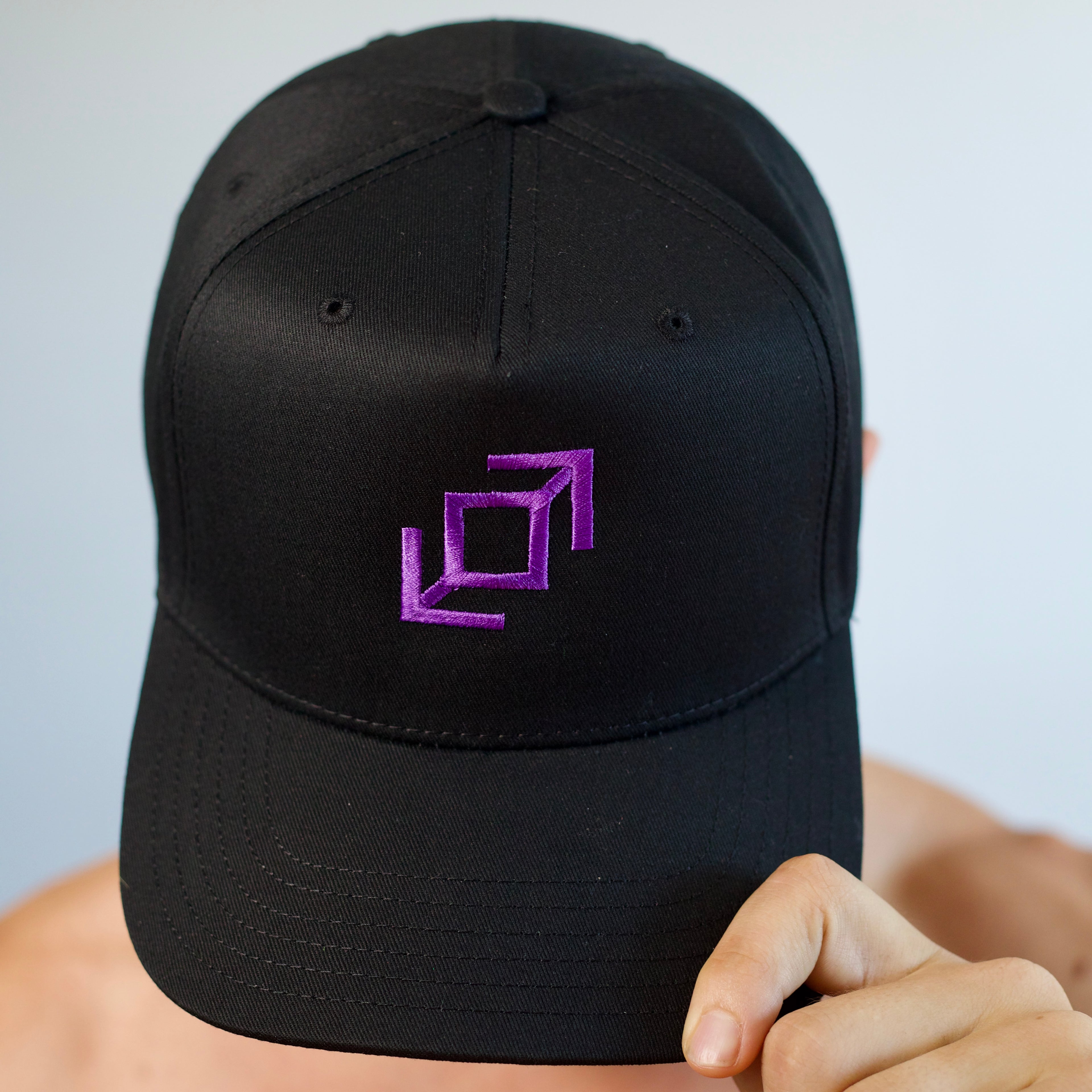 A black push pass whip baseball cap with a purple geometric whip logo embroidered on the front, held by a person's hand.