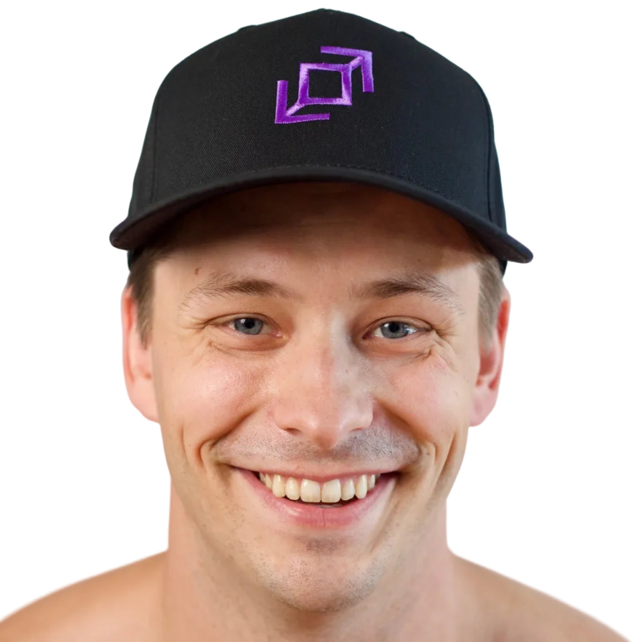 A smiling dancer wearing a black push pass whip baseball cap with a purple geometric logo on the front.