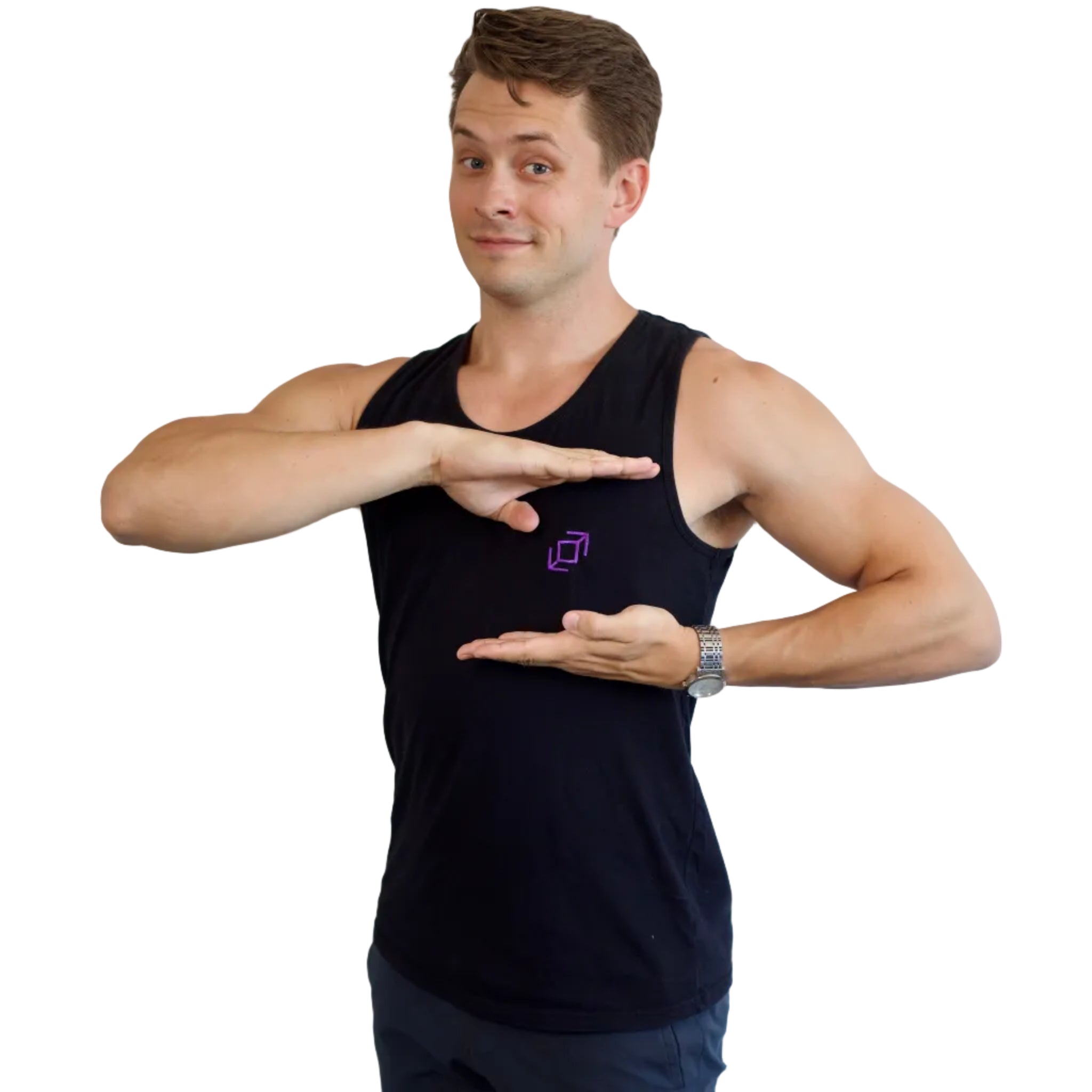 Dancer wearing a black PPW whip tank top, purple embroidered whip icon on the left chest