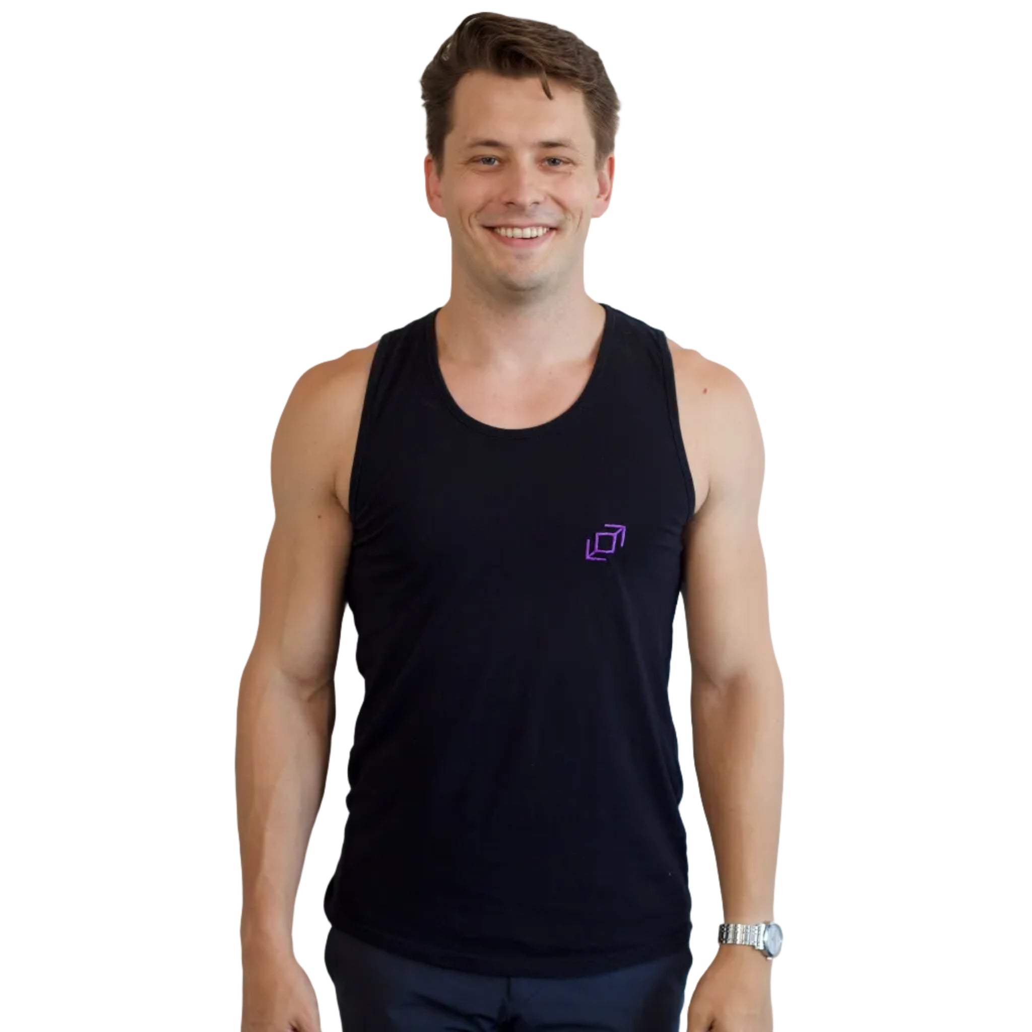 A smiling dancer wearing a black Push Pass Whip sleeveless tank top with a small purple geometric Whip logo on the left chest, standing against a plain white background