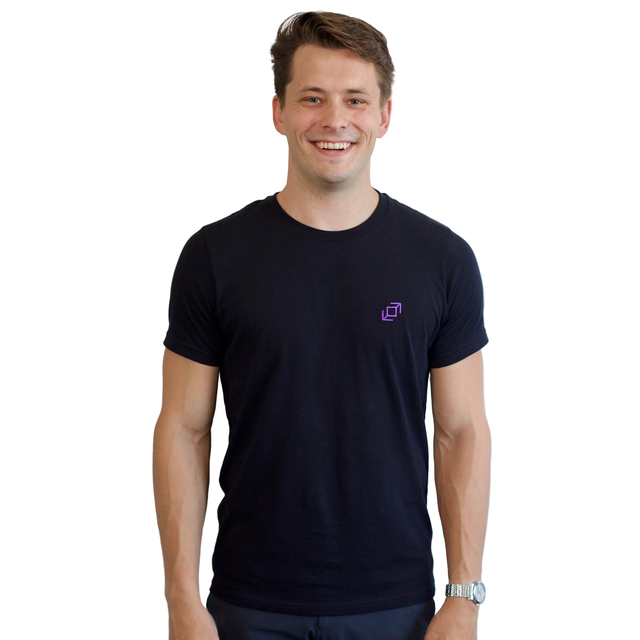 Dancer wearing a black PPW Push tee, purple embroidered Whip icon on the left chest